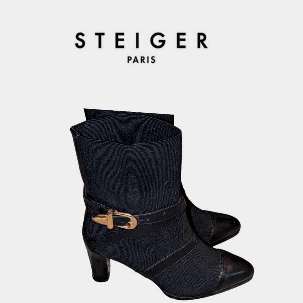 Vintage Walter Steiger Made in Italy Black Leather strap Ankle Boots Size 8.5